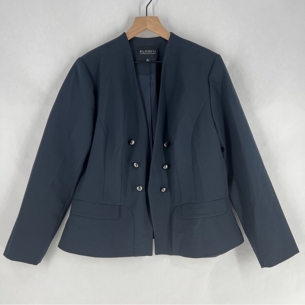 Eloquii Women's Navy Military Button Open Front Collarless Blazer Jacket Size 14